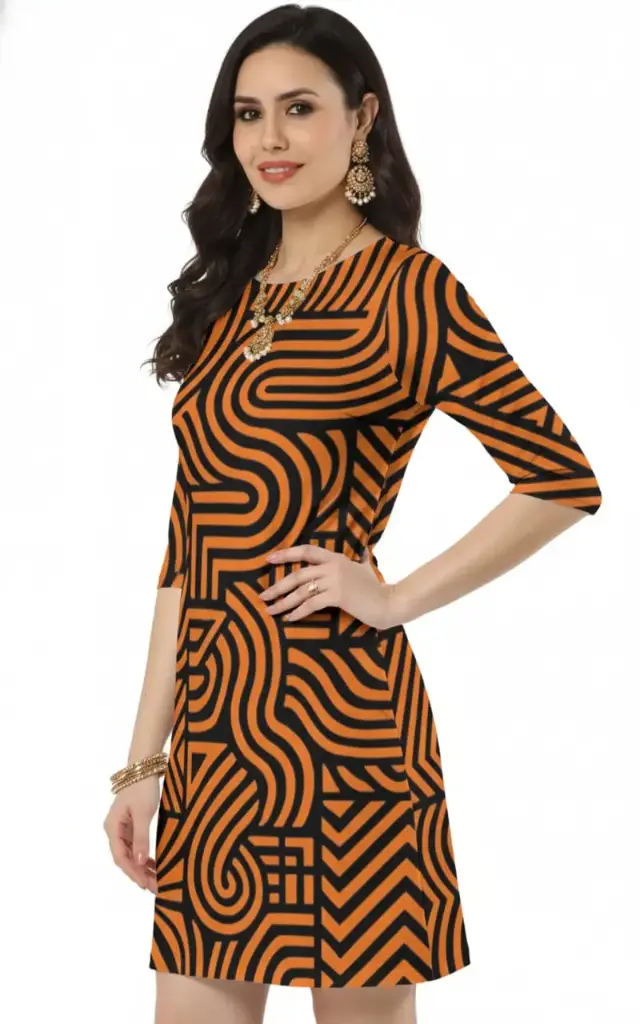 THE GROOVY MAZE GEOMETRIC ORANGE & BLACK MINI DRESS (XS, None)