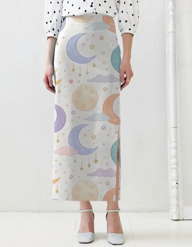 CELESTIAL MOON & STAR PRINT HIGH-WAIST MIDI SKIRT 