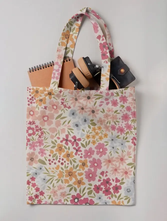 VINTAGE FLORAL PRINT CANVAS TOTE BAG 