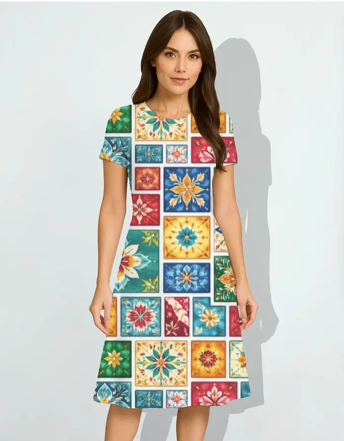 MOSAIC BLOOM PATCHWORK A-LINE DRESS 