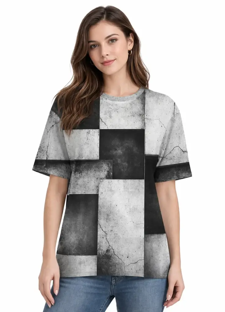 URBAN MONOCHROME PATCHWORK OVERSIZED T-SHIRT  (XS, None)