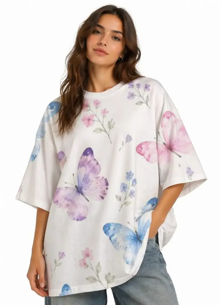 BUTTERFLY BLOOM OVERSIZED T-SHIRT (XS, None)