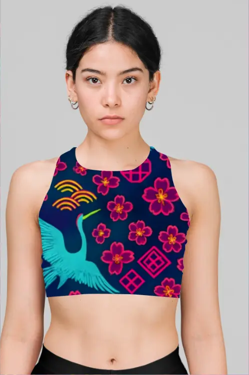 MIDNIGHT AZURE CRANE BLOSSOM CROP TOP (XS)