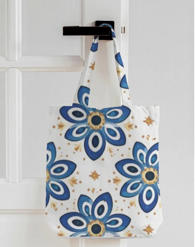 BLUE FLORAL PATTERN CANVAS TOTE BAG 