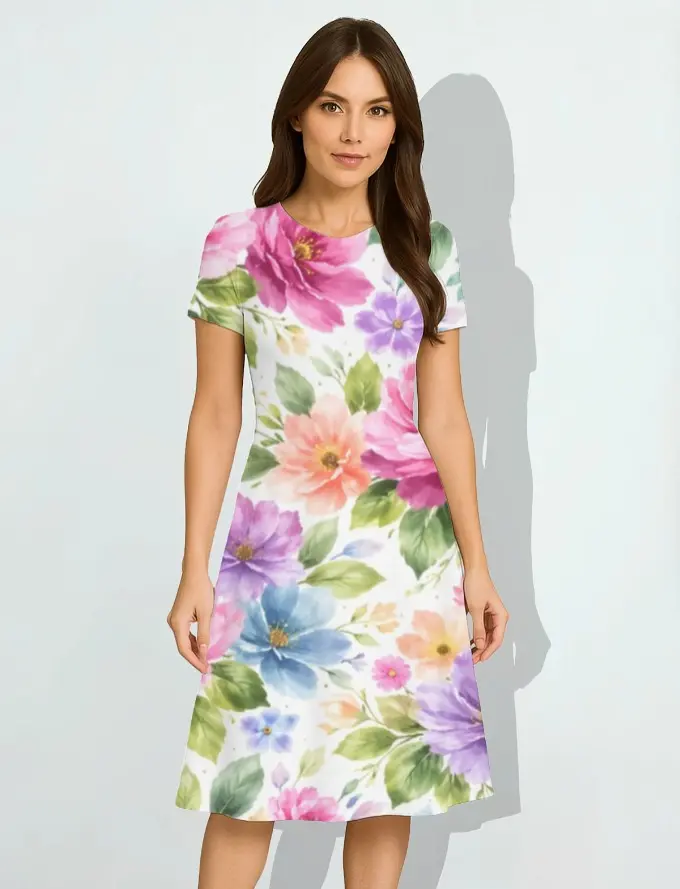 SOFT GARDEN WATERCOLOR A-LINE DRESS  (XS)