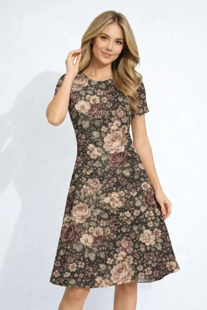 VINTAGE ROSE GARDEN PRINT FIT & FLARE DRESS  (XS)