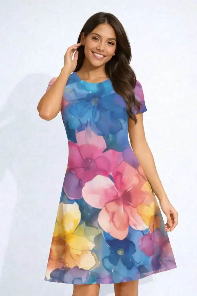 WATERCOLOR BLOOM FLORAL FIT & FLARE DRESS  (XS)