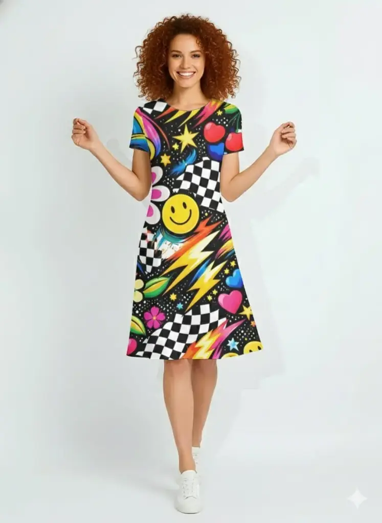 POP ART GRAPHIC PRINT FIT & FLARE DRESS  (XS)