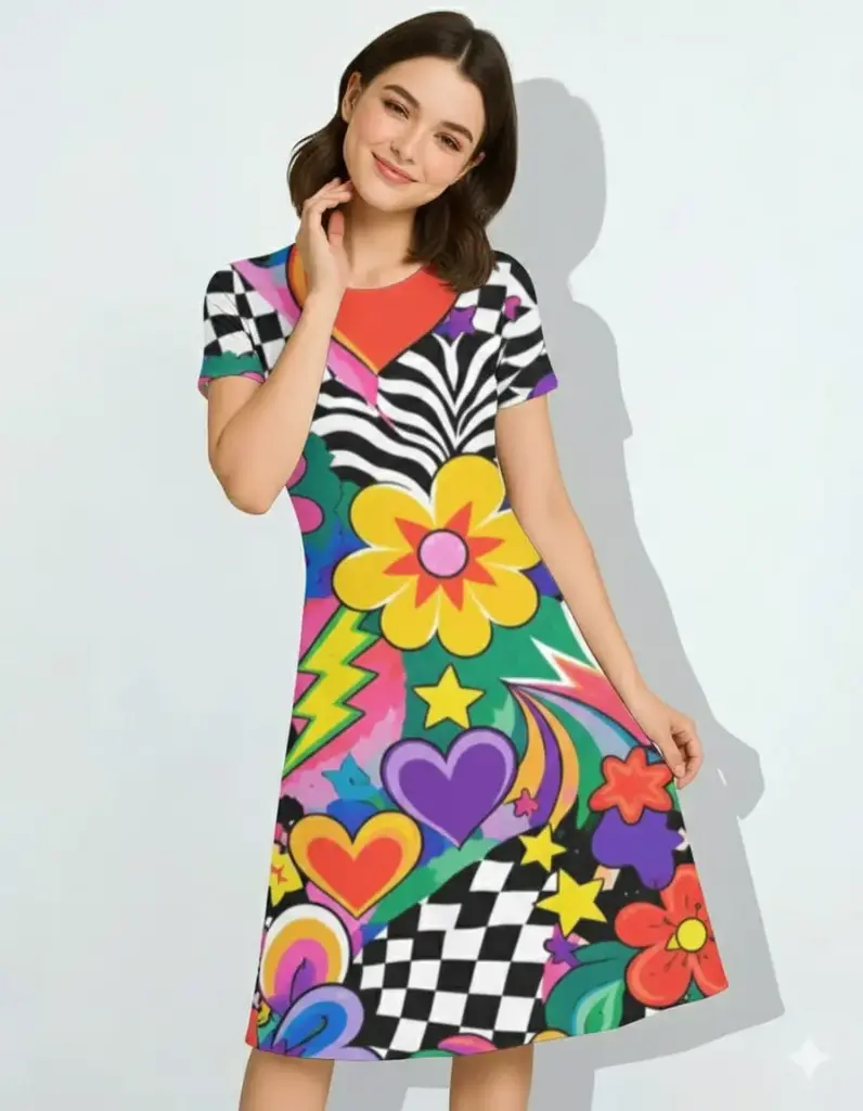 VIBRANT POP FUSION PRINT FIT & FLARE DRESS  (XS)