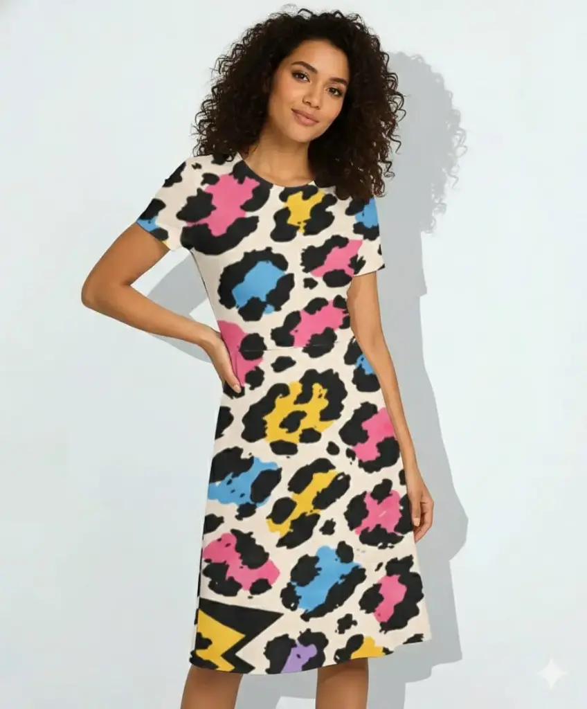 COLOR SPLASH LEOPARD PRINT FIT & FLARE DRESS  (XS)