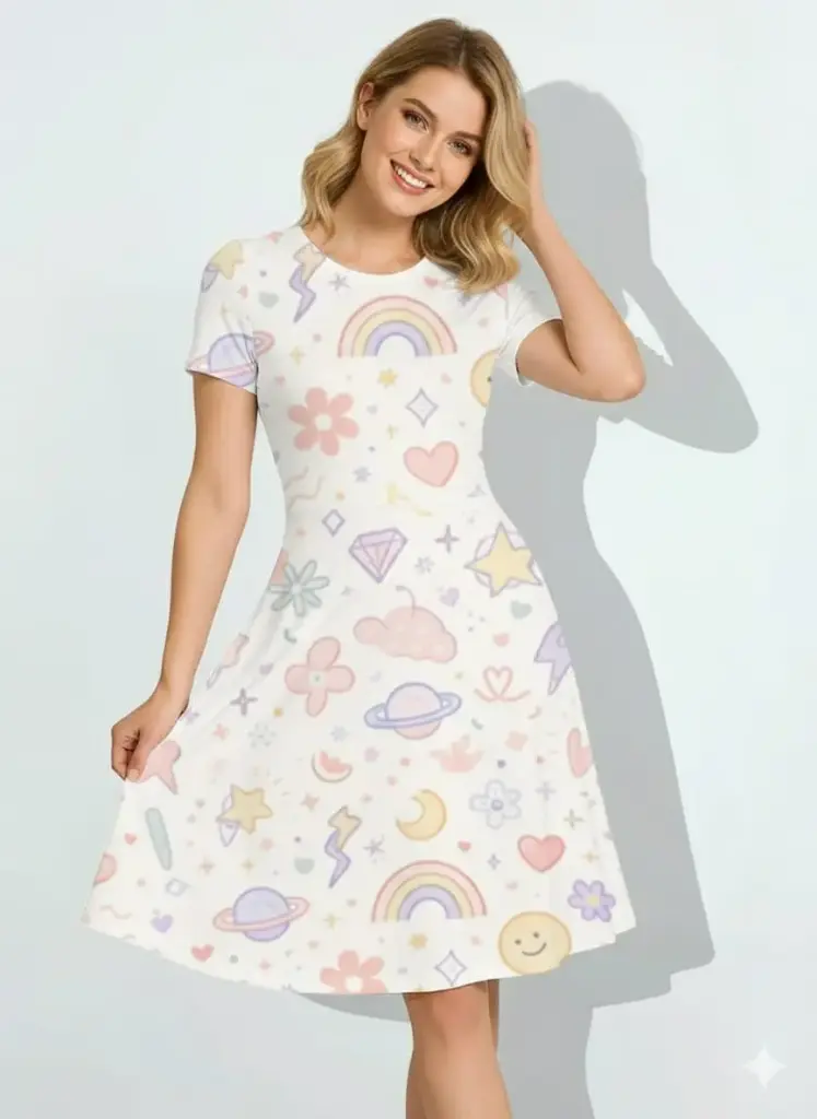 DREAMY PASTEL ICON PRINT FIT & FLARE DRESS  (XS)