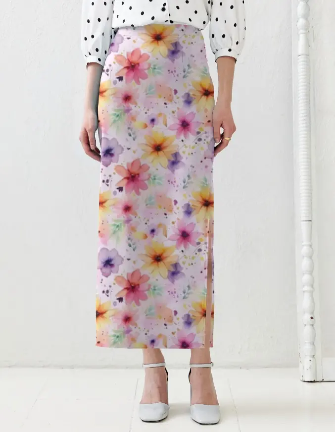 WATERCOLOR FLORAL PRINT HIGH-WAIST MIDI SKIRT  (XS)