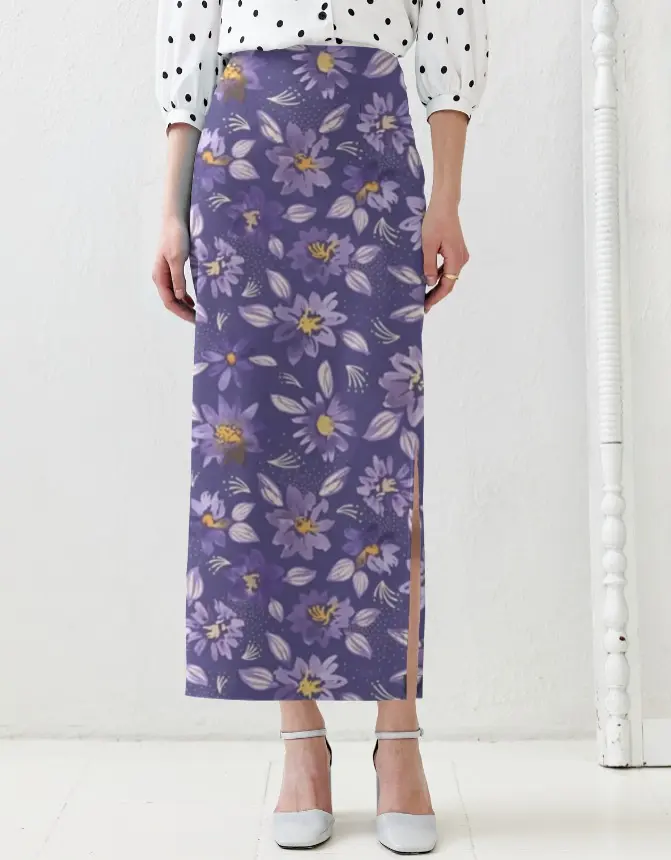 PURPLE FLORAL PRINT HIGH-WAIST MIDI SKIRT  (XS)