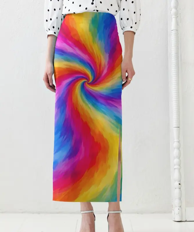 RAINBOW SWIRL PRINT HIGH-WAIST MIDI SKIRT  (XS)