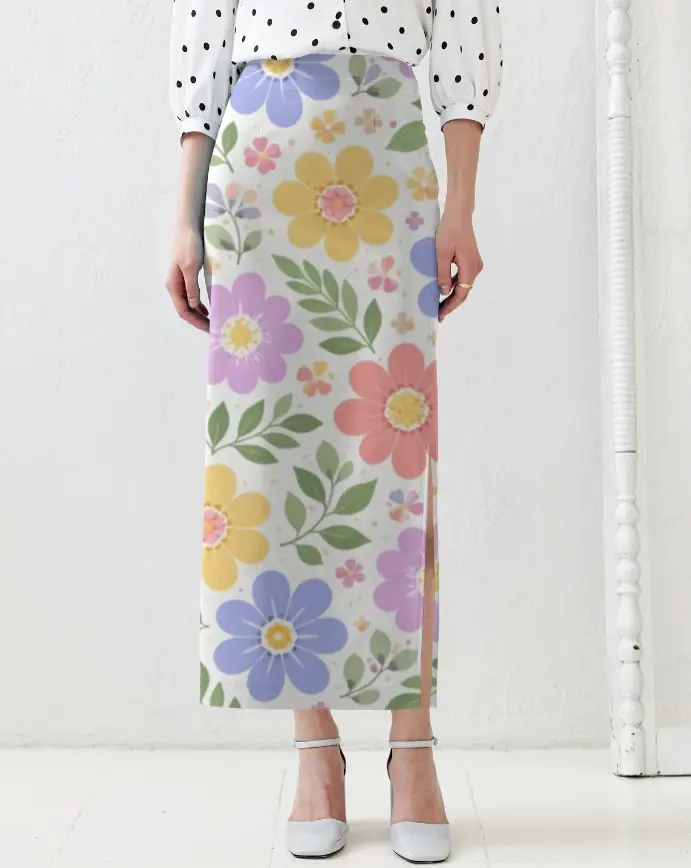 PASTEL FLORAL PRINT HIGH-WAIST MIDI SKIRT  (XS)