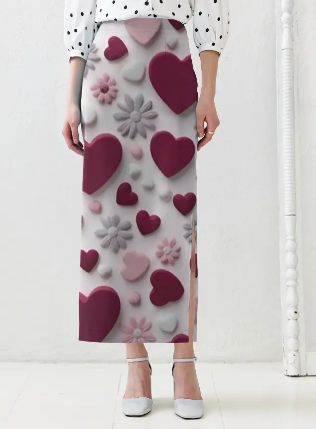 HEART & FLORAL PRINT HIGH-WAIST MIDI SKIRT  (XS)