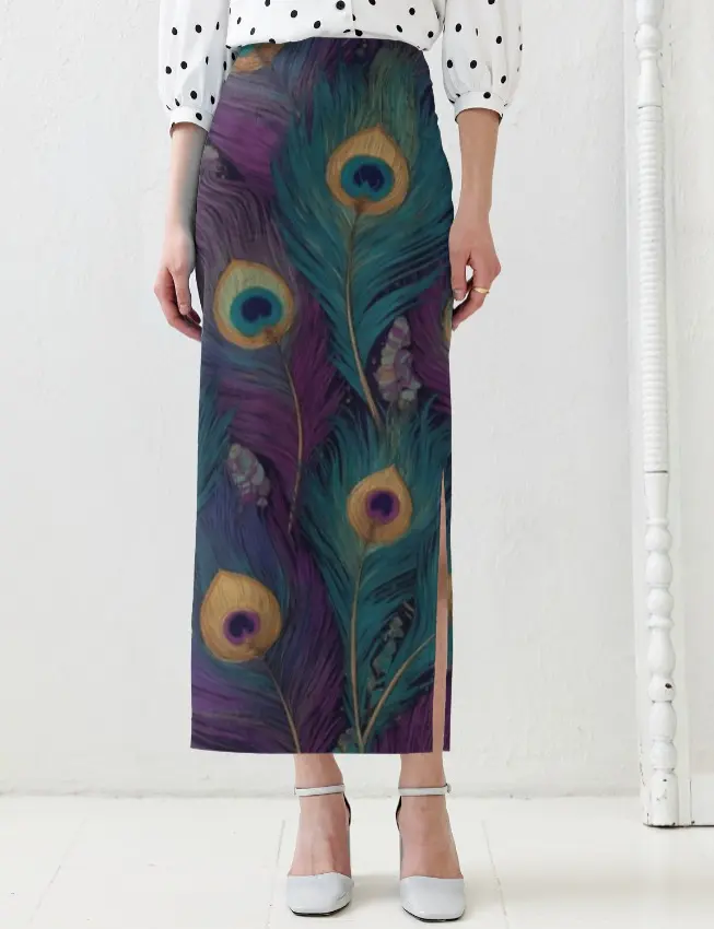 PEACOCK FEATHER PRINT HIGH-WAIST MIDI SKIRT  (XS)