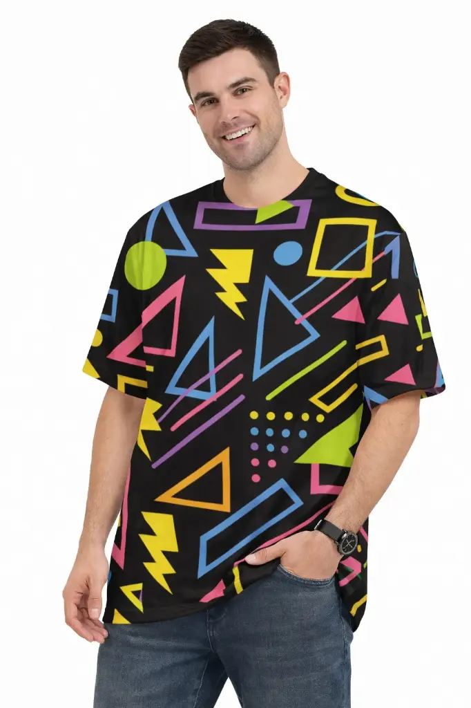 RETRO NEON GEOMETRIC PRINT OVERSIZED T-SHIRT  (XS)