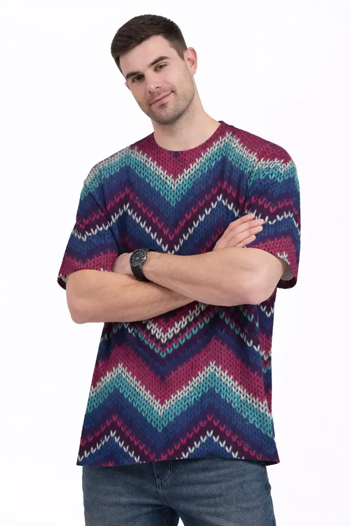 CHEVRON KNIT PATTERN OVERSIZED T-SHIRT  (XS)