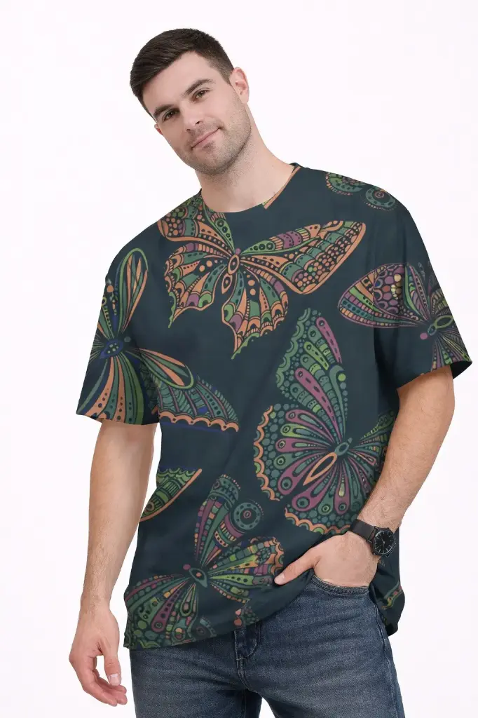 ARTISAN BUTTERFLY MOTIF OVERSIZED T-SHIRT  (XS)