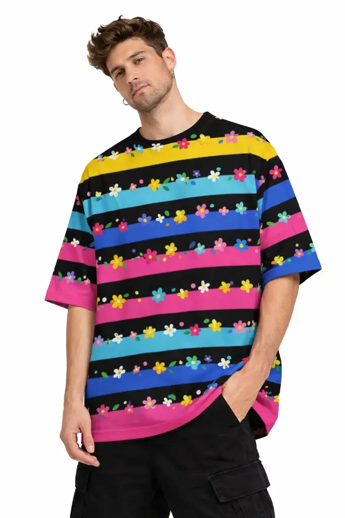 FLORAL STRIPE POP OVERSIZED T-SHIRT  (XS)