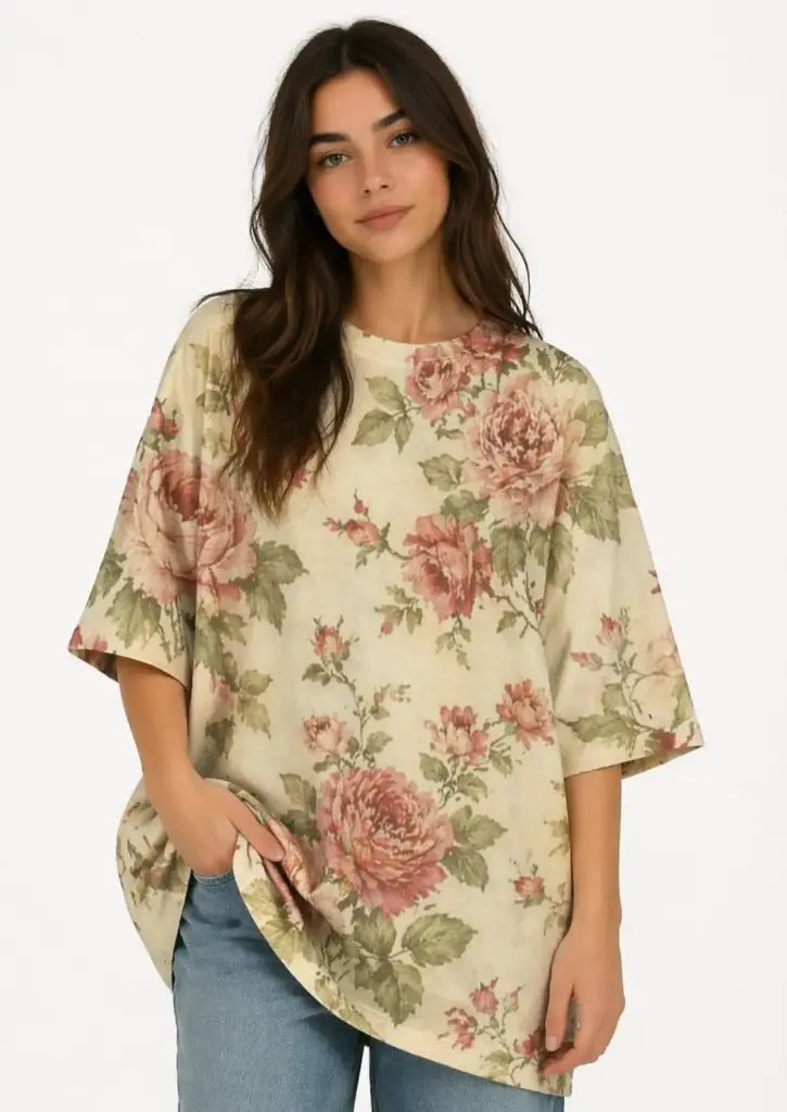 VINTAGE ROSE PRINT OVERSIZED T-SHIRT (XS)