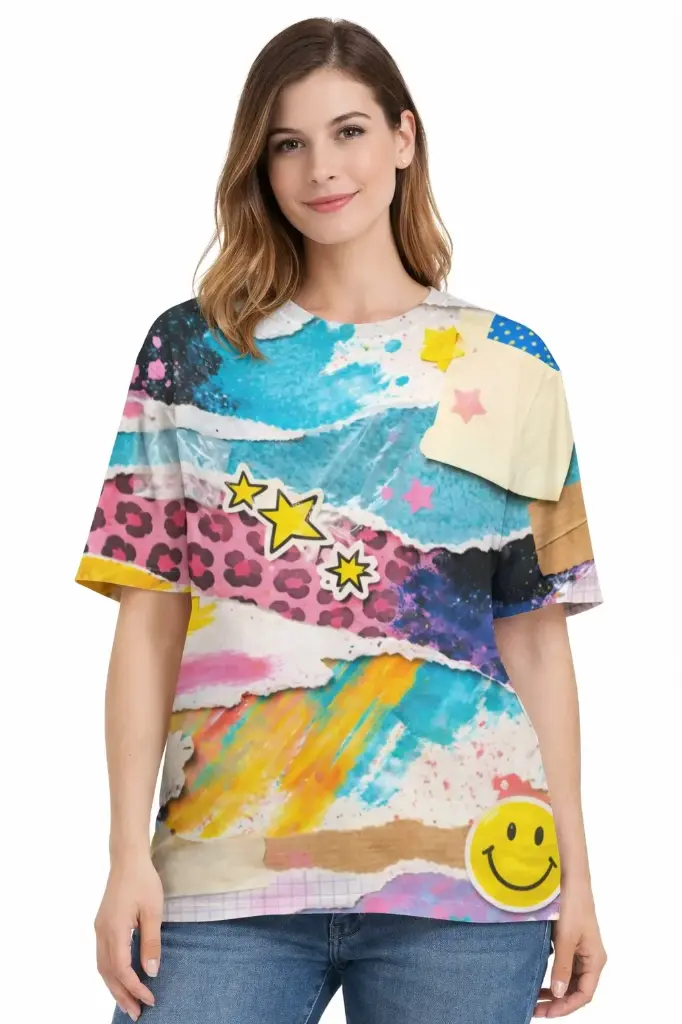 PLAYFUL COLLAGE POP ART OVERSIZED T-SHIRT (XS)