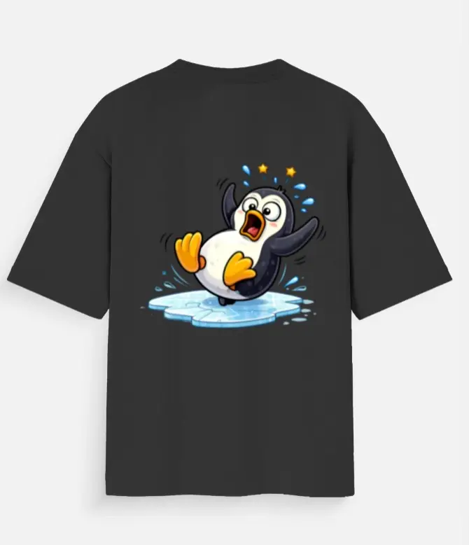 FUNNY SLIPPING PENGUIN CARTOON T-SHIRT  (XS)