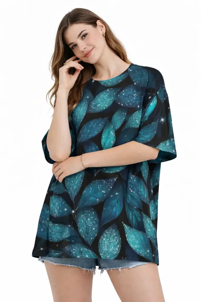 MIDNIGHT LEAF GLOW OVERSIZED T-SHIRT  (XS)