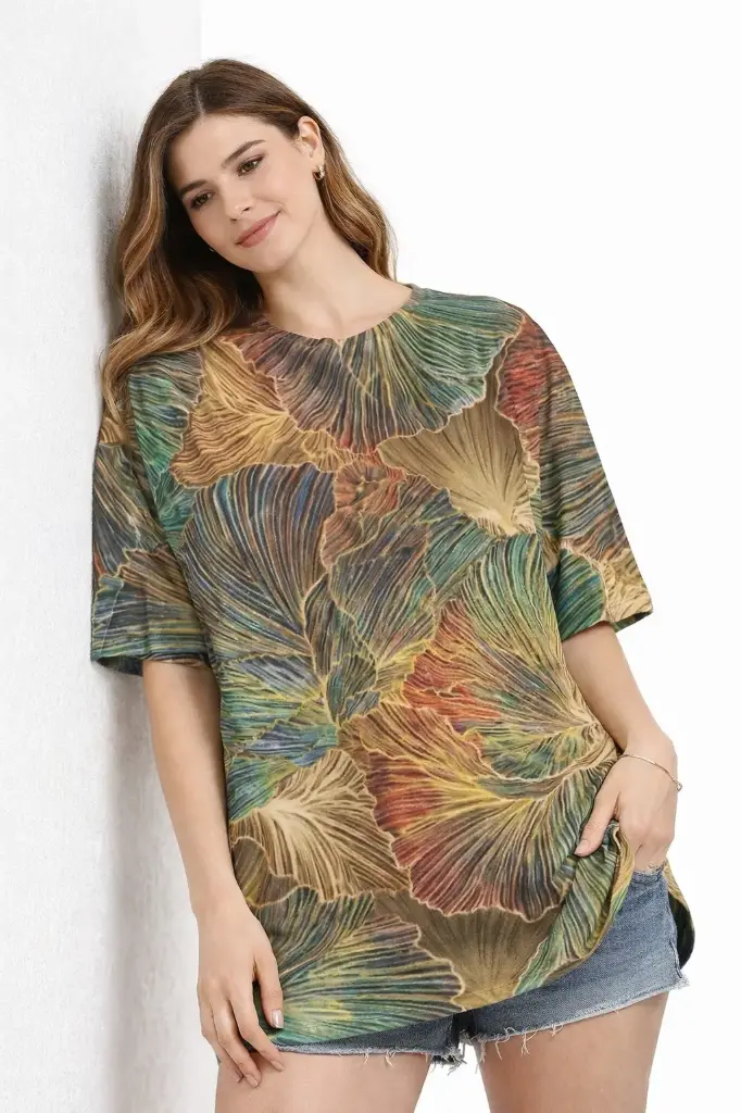 EARTHY LEAF FLOW OVERSIZED T-SHIRT  (XS)