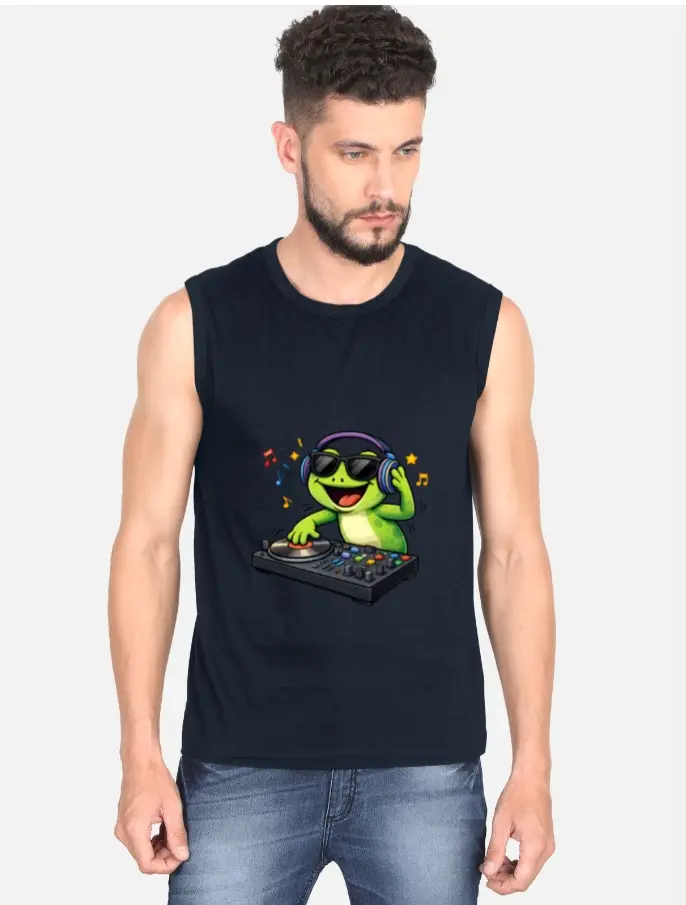 DJ FROG CARTOON SLEEVELESS T-SHIRT  (XS)