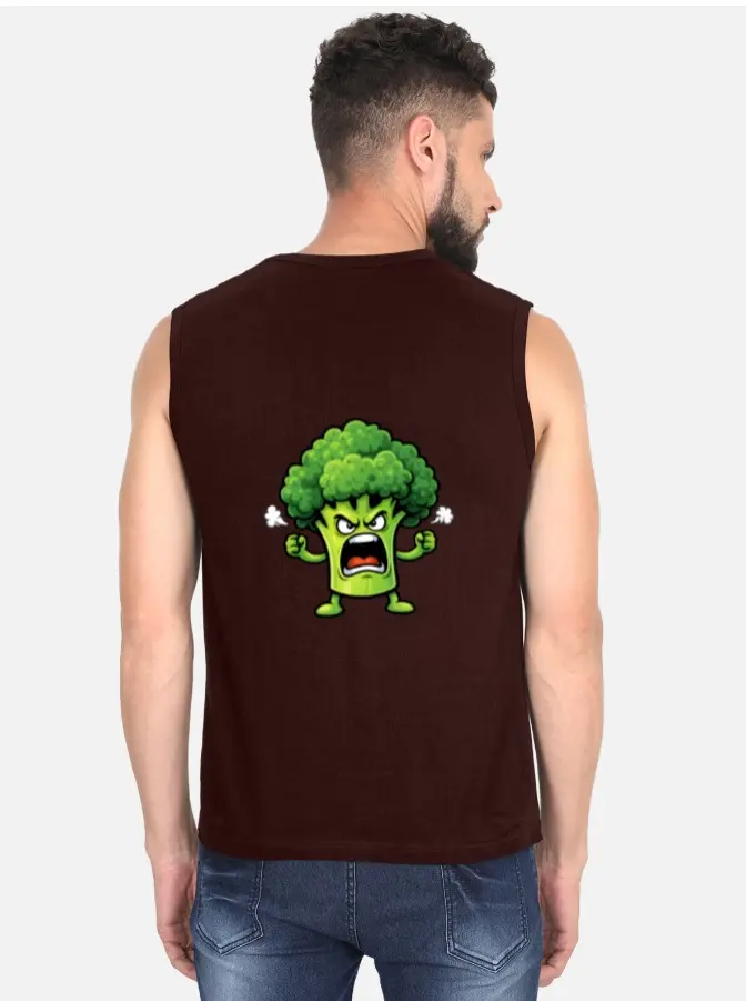 ANGRY BROCCOLI CARTOON SLEEVELESS T-SHIRT  (XS)