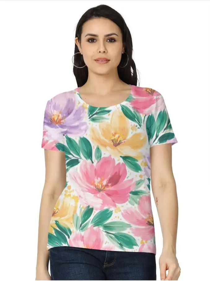 BLOSSOM BREEZE WATERCOLOR FLORAL WOMEN’S T-SHIRT (XS)