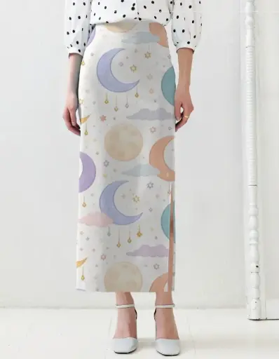 CELESTIAL MOON & STAR PRINT HIGH-WAIST MIDI SKIRT 