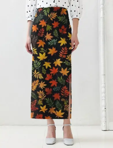 AUTUMN LEAF PRINT HIGH-WAIST MIDI SKIRT 