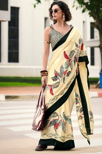 Cream Colored Satin Silk with Digital Print